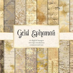 Gold Ephemera digital paper, instant download vintage scrapbook paper, shabby rustic old paper textures for decoupage printable backgrounds