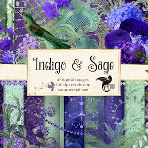 May include: Digital paper pack with 37 images in indigo and sage colors. The pack includes floral patterns, paisley designs, and a hummingbird. The text "Indigo & Sage" is displayed on a white background.