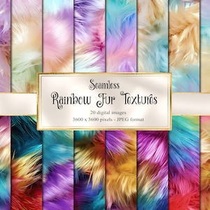 May include: 20 seamless digital images of rainbow colored fur textures. Each image is 3600 x 3600 pixels and in JPEG format.