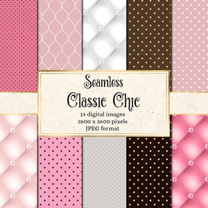 Classic Chic Digital Paper, seamless patterns in blush pink and gray printable scrapbook paper for commercial use