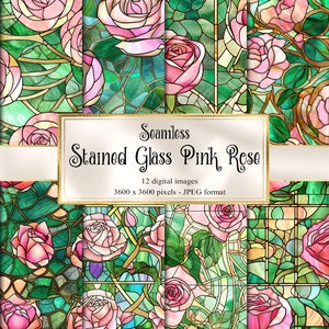 Stained Glass Pink Rose Digital paper, seamless printable textures printable scrapbook paper