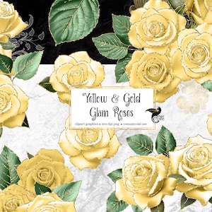 Yellow and Gold Glam Rose Clip Art, digital instant download flower png embellishments, gothic glitter roses