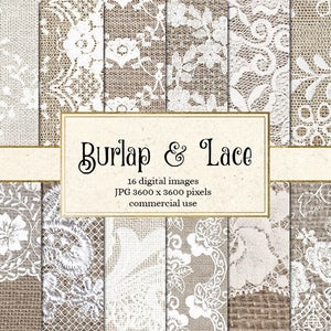 Digitales Papier mit Sackleinen und Spitze, digitales Papier mit Sackleinen, digitales Papier mit weißer Spitze, Scrapbookpapier, rustikale Hochzeit Hintergründe Texturen
