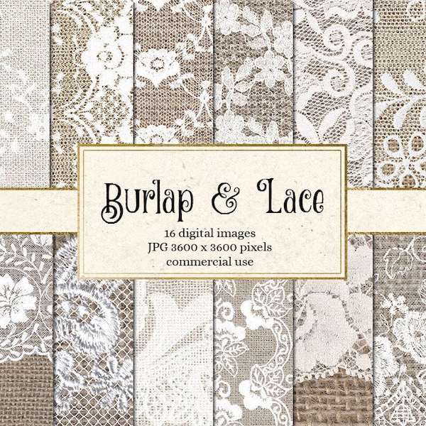 Burlap and Lace Digital Paper, burlap digital paper, white lace digital paper, scrapbook paper, rustic wedding backgrounds textures