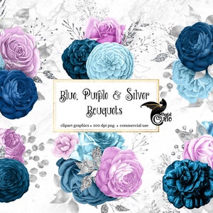 Clipart floral azul, roxo e prateado, download digital pintado com enfeites png de flores rústicas em aquarela com rosas brilhantes prateadas