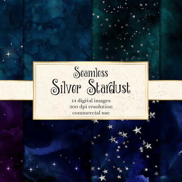 Silber Sternenstaub, nahtloses digitales Papier, silberne Sterne Overlays, Galaxie Aquarell Hintergrund, kachelbare Muster, silberner Nachthimmel