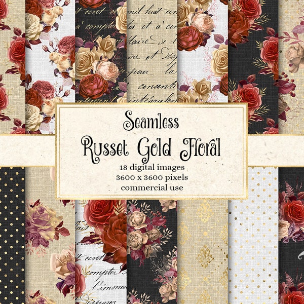 Russet Gold Floral Digital Paper, seamless rustic autumn floral patterns and linen textures printable scrapbook paper