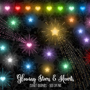 Glowing Stars and Hearts Clipart, clipart de la Saint-Valentin, graphiques d'art clip étoile d'or, traînées d'étoiles scintillantes, téléchargement instantané d'étoile filante