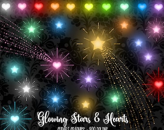Glowing Stars and Hearts Clipart, Gold Star Trails (Instant Download)