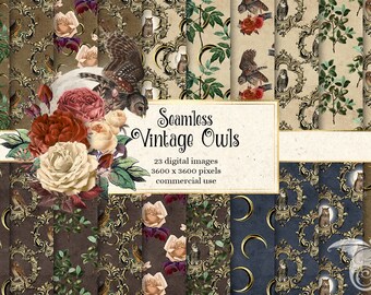 Vintage Owl Digital Paper, Seamless Antique Patterns (Digital Download)
