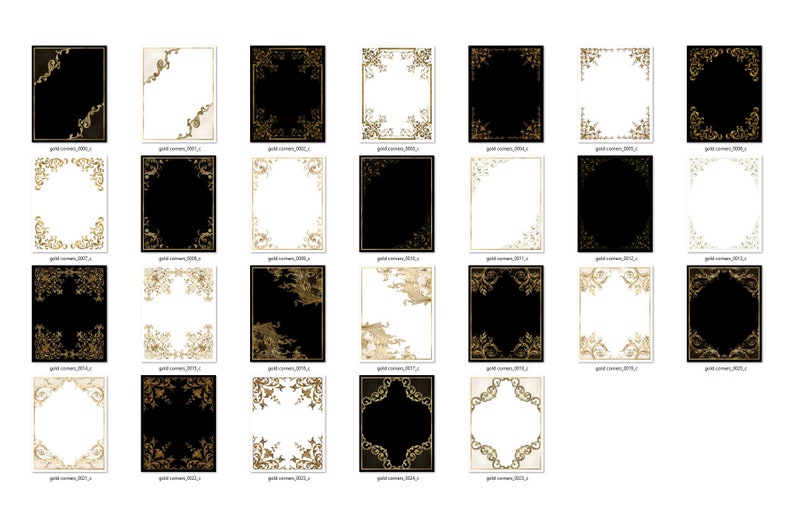 K&ouml;nnte beinhalten: Satz von 16 digitalen goldenen Eckrahmen mit schwarzem und wei&szlig;em Hintergrund. Die Rahmen haben ein Vintage-Design mit Verzierungen.