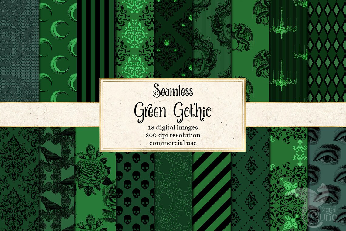 Green Gothic Digital Paper, Seamless Skull Damask Halloween Patterns ...