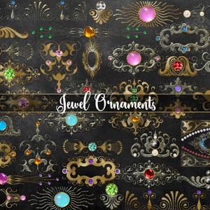 Imágenes Prediseñadas de adornos de joyas, elementos de diseño, imágenes prediseñadas de diamantes de fantasía, adornos png digitales dorados, con diamantes, perlas y cabujón