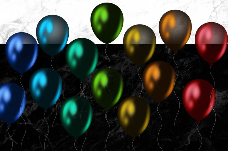 Peut inclure: Une collection de ballons m&eacute;talliques de diff&eacute;rentes couleurs, notamment bleu, vert, rouge et or. Les ballons sont dispos&eacute;s en demi-cercle sur un fond de marbre noir et blanc.