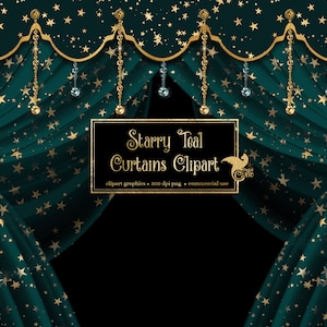 Starry Teal Curtains Clipart, gráficos de clip art de cenário de cortina digital, cortinas de palco, cortinas de teatro, cortina png sobreposições