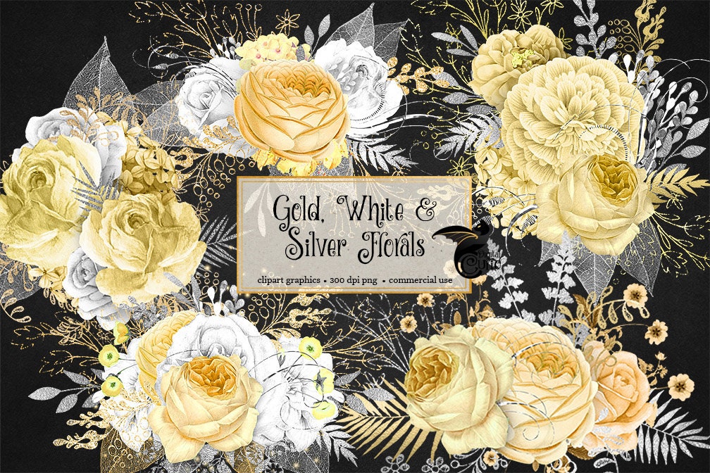 Gold White and Silver Floral Clip Art Digital Download Etsy
