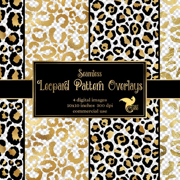 Gold Leopard Pattern Overlays, seamless gold foil  patterns in PNG format with transparent backgrounds instant download commercial use