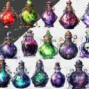 May include: A collection of 18 ornate glass bottles with various colored liquids and decorative details. The bottles have a whimsical, magical, and fantasy aesthetic.