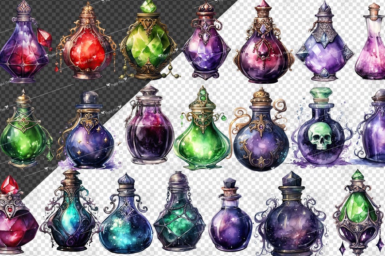 May include: A collection of 18 ornate glass bottles with various colored liquids and decorative details. The bottles have a whimsical, magical, and fantasy aesthetic.