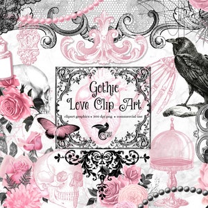 Może przedstawiać: Grafika cyfrowa Gothic Love Clip Art. Obraz przedstawia czarnego kruka, czaszkę, serce, motyla, róże i szkielet. Grafika jest w stylu gotyckim z czarnymi i różowymi kolorami.