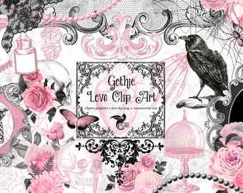 May include: Gothic Love Clip Art digital clipart graphics.  The image features a black raven, a skull, a heart, a butterfly, roses, and a skeleton.  The graphics are in a gothic style with black and pink colors.
