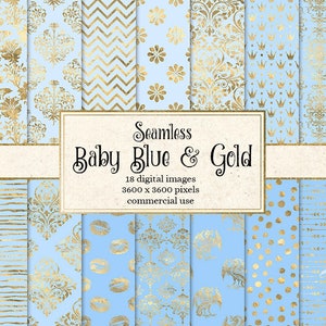 Baby Blue and Gold Digital Paper, seamless gold and blue patterns, foil damask, hearts, lips, polka dots, pastel printable paper backgrounds
