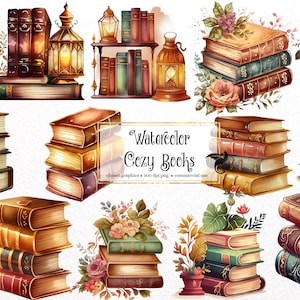 May include: Watercolor illustrations of stacks of vintage books with ornate covers, some with floral accents, and lanterns. The text "Watercolor Cozy Books" is included in the image.