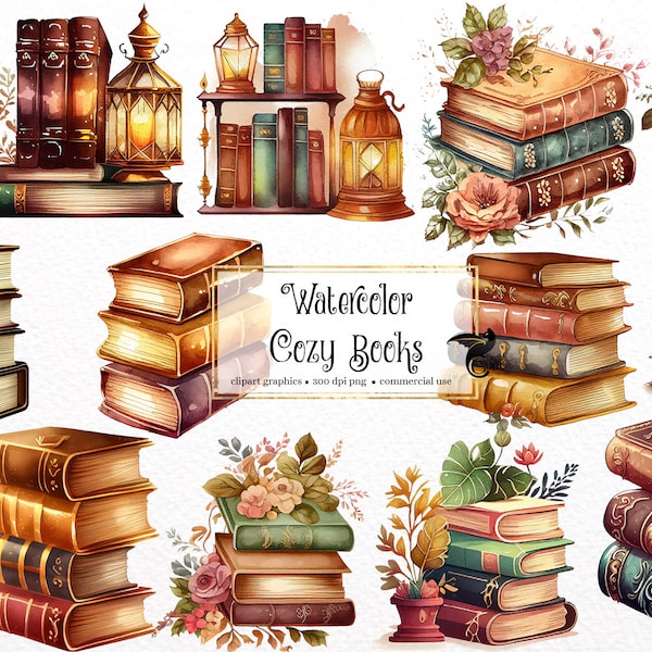 Watercolor Cozy Books Clipart - book shelves and stacks PNG format instant download for commercial use