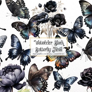 Watercolor Black Butterfly Floral Clipart - butterflies and flowers in PNG format instant download for commercial use