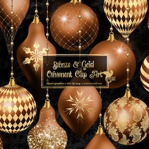 Bronze and Gold Christmas Ornaments Clipart, digital glitter Christmas ball ornament clip art in png format for commercial use