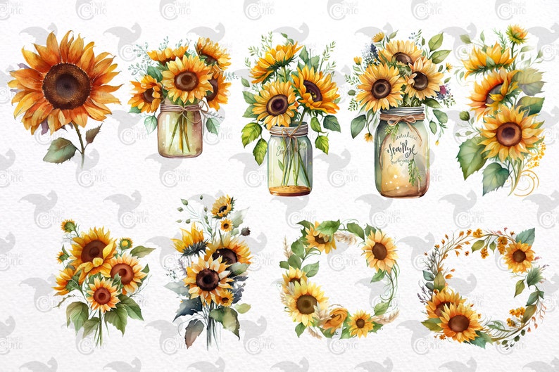 Watercolor Sunflower Clipart – Fall Floral Bouquets (PNG, Digital Download) image 2