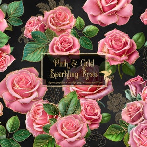 Rosa y oro espumoso rosas Clip Art, descarga instantánea digital brillo flor png adornos, rosa rosa, oro brillo rosas