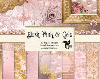 Blush Pink and Gold Digital Scrapbooking Kit, clipart, digital paper, banners, frames, pearls, lace, diamonds, rose gold digital overlays