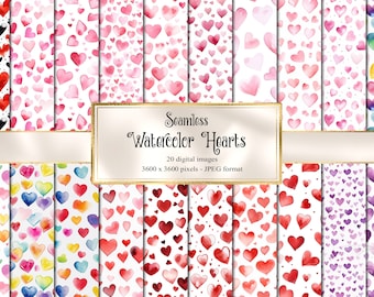 Watercolor Hearts Digital Paper, Seamless Valentine Printable (Digital Download)