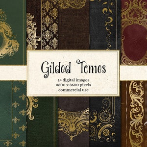 Gilded Tomes Digital Paper, gold ornamental decorative book dust jackets, printable scrapbooking backgrounds, vintage antique books jackets