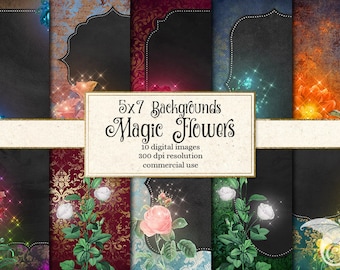 Magic Flower Invitation Backgrounds, 5x7 Flower digital paper, invitations, enchanted fantasy rose printable journal pages instant download