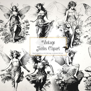 Vintage Fairies Clipart - grafika w stylu fantasy przedstawiająca wróżki do przerobienia lub do natychmiastowego pobrania w postaci śmieciowych dzienników