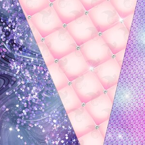 May include: A digital collage of three different patterns. The first pattern is a purple and blue marble with silver glitter. The second pattern is a pink quilted fabric with silver rhinestones. The third pattern is a purple and blue glitter with a subtle iridescent sheen.