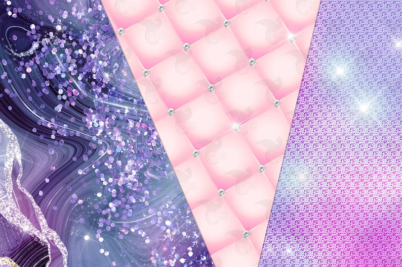 May include: A digital collage of three different patterns. The first pattern is a purple and blue marble with silver glitter. The second pattern is a pink quilted fabric with silver rhinestones. The third pattern is a purple and blue glitter with a subtle iridescent sheen.