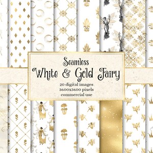 Papier numérique de fée blanc et or, textures sans couture avec papier de scrapbook imprimable de motifs de fées d'or pour un usage commercial