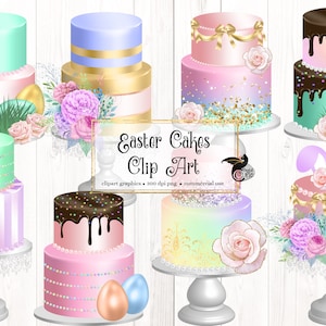 イースターケーキのクリップアート、パステルカラーの虹と金色の花のケーキと金色の卵、商用利用のためにすぐにダウンロード可能