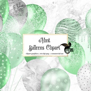 Mint Glitzer Ballons Clipart, Pastell Grün und Silber Glitzer Party Clipart im PNG-Format sofortiger Download für kommerzielle Nutzung