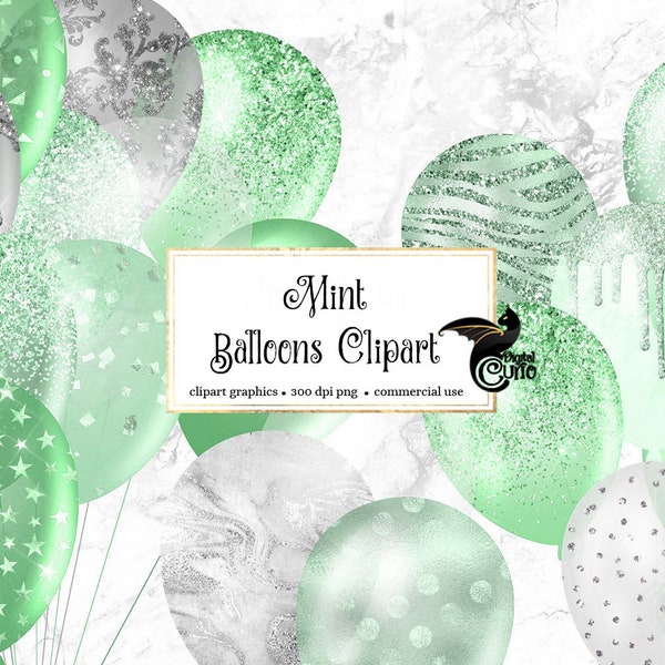 Mint Glitter Balloons Clipart, pastel green and silver glitter party clipart in PNG format instant download for commercial use