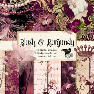 Blush and Burgundy Digital Scrapbooking Kit, blush pink clipart shabby vintage rustic textures digital paper and clip art