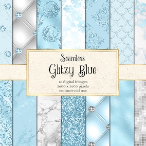 Glitzy Blue Digital Paper, seamless baby blue patterns and textures with foil, glitter and marble instant download printable paper