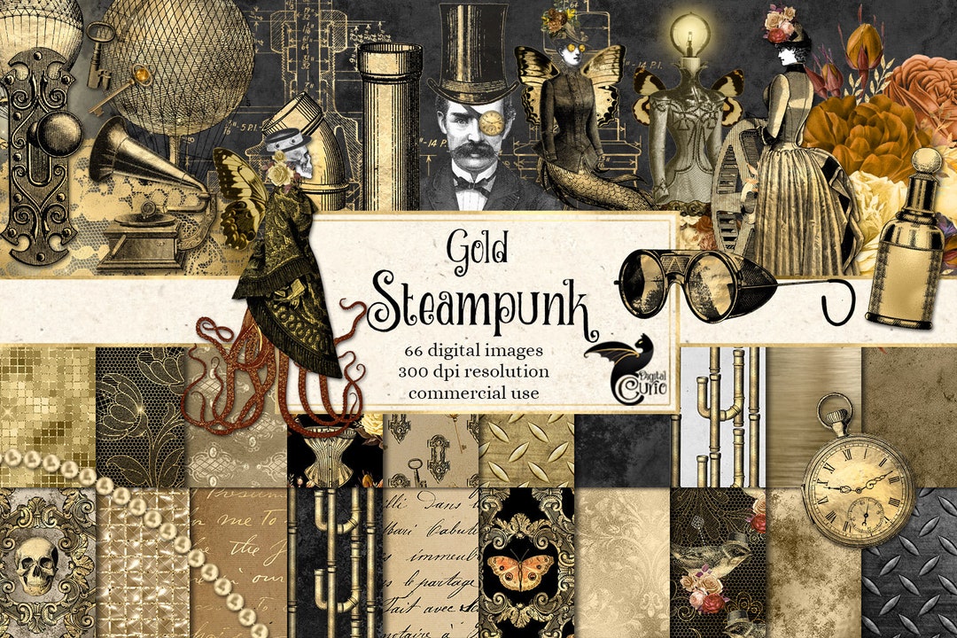 Gold Steampunk Digital Scrapbook Kit, Clipart and Digital Paper With ...