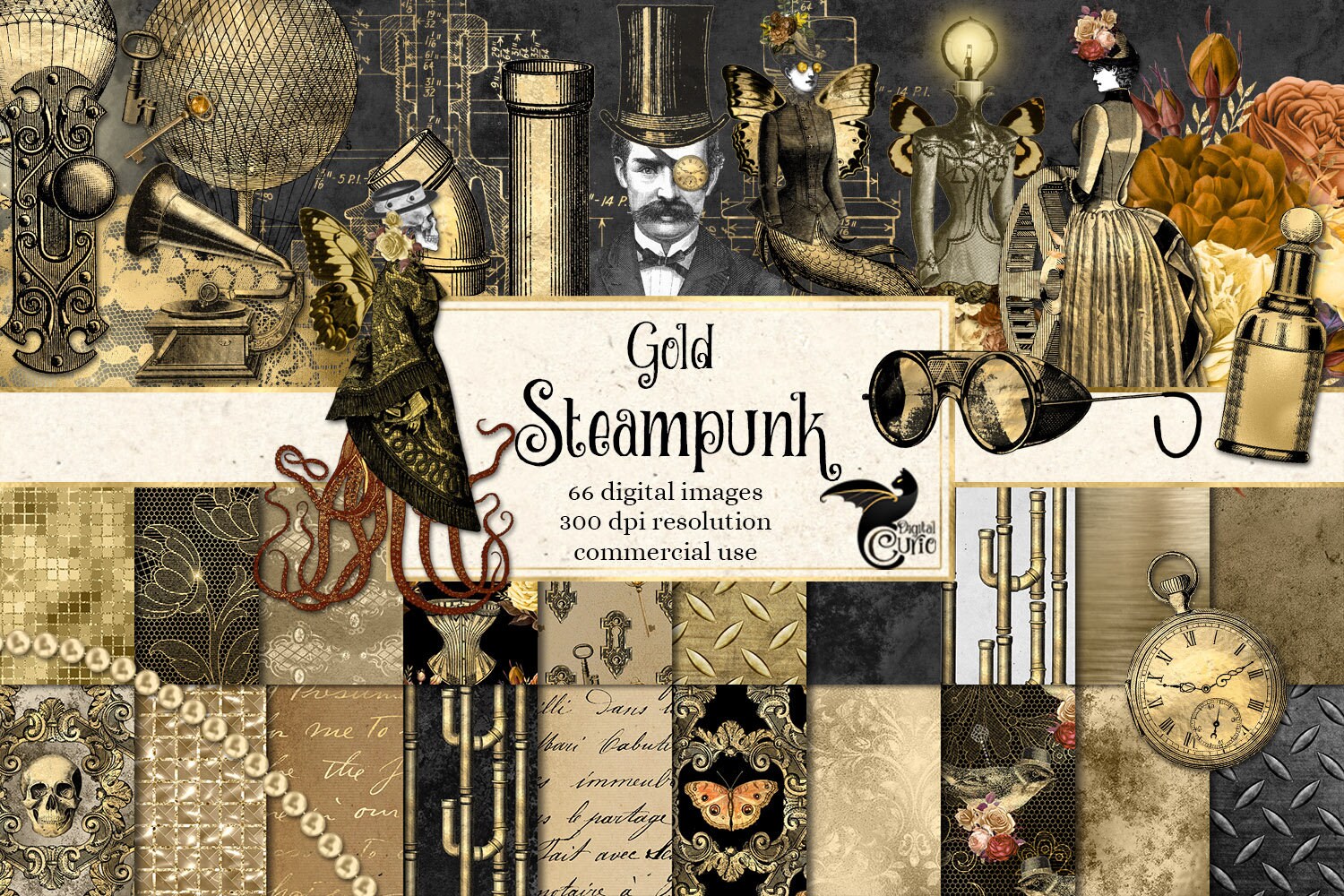 Gold Steampunk Digital Scrapbook Kit, Clipart and Digital