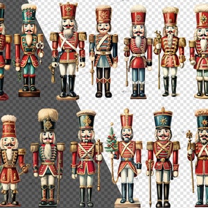 Puede incluir: Una colecci&oacute;n de 15 figuras de cascanueces de estilo vintage. Los cascanueces est&aacute;n todos vestidos con uniformes militares coloridos con acentos rojos, azules y dorados. Sostienen varias armas y accesorios, como espadas, tambores y banderas.