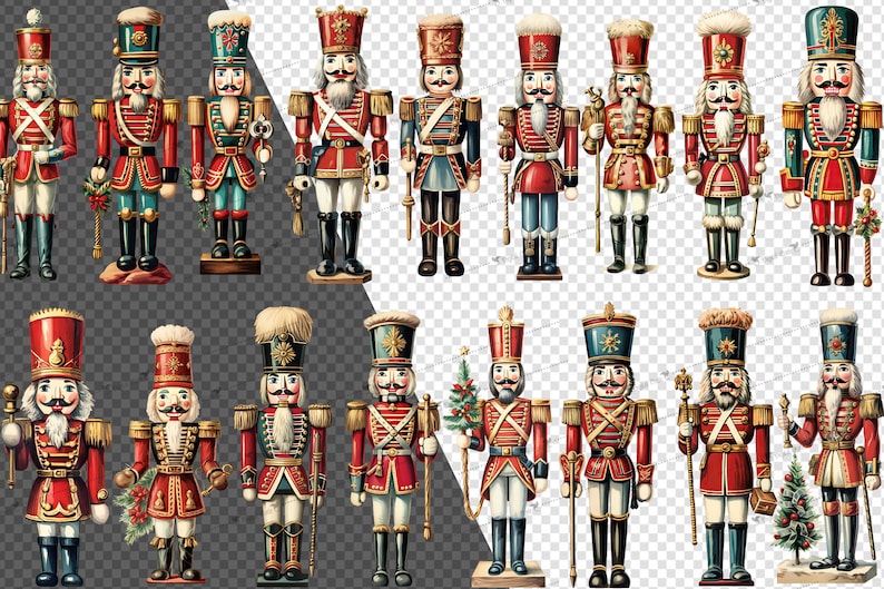 Puede incluir: Una colecci&oacute;n de 15 figuras de cascanueces de estilo vintage. Los cascanueces est&aacute;n todos vestidos con uniformes militares coloridos con acentos rojos, azules y dorados. Sostienen varias armas y accesorios, como espadas, tambores y banderas.