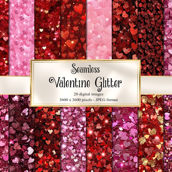 Valentine Glitter Digital Paper, seamless heart glitter sparkle backgrounds, instant download for commercial use